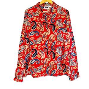 Vintage CST Sport Button Up Red Paisley Shirt Top‎ Women's 30W Boho Retro Quirky